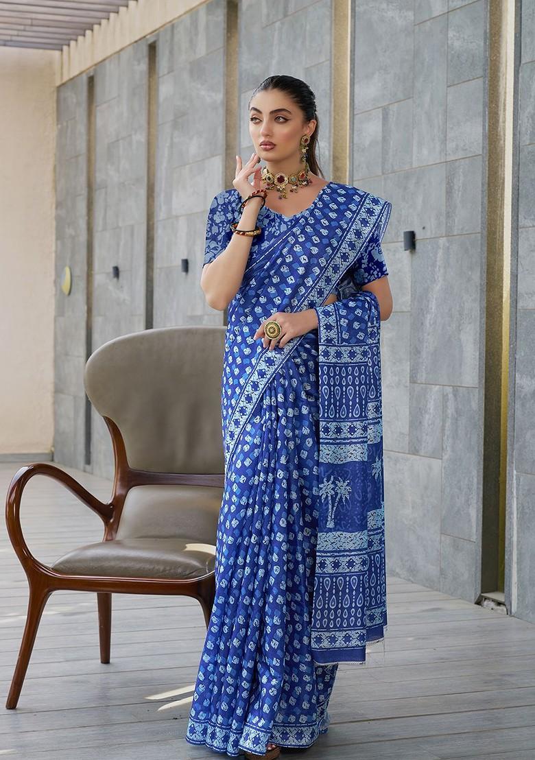 Blue Ajrak Print Silk Saree Set