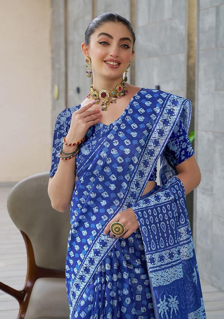 Blue Ajrak Print Silk Saree Set