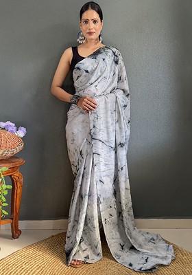 Grey Abstract Print Chiffon Saree Set