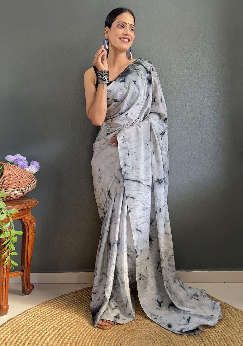 Grey Abstract Print Chiffon Saree Set