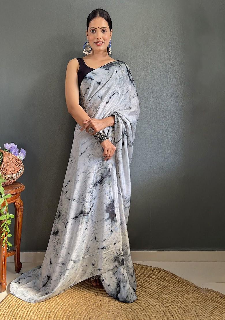 Grey Abstract Print Chiffon Saree Set