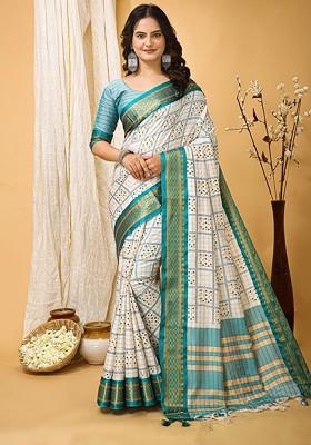 White Zari Cotton Saree Set