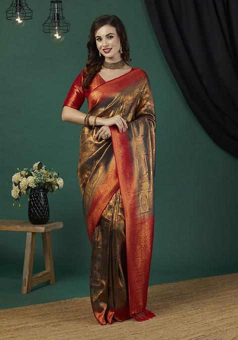 Yellow Zari Kanjeevaram Silk Saree Set