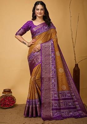 Brown Bandhani Print Kanjeevaram Silk Saree Set