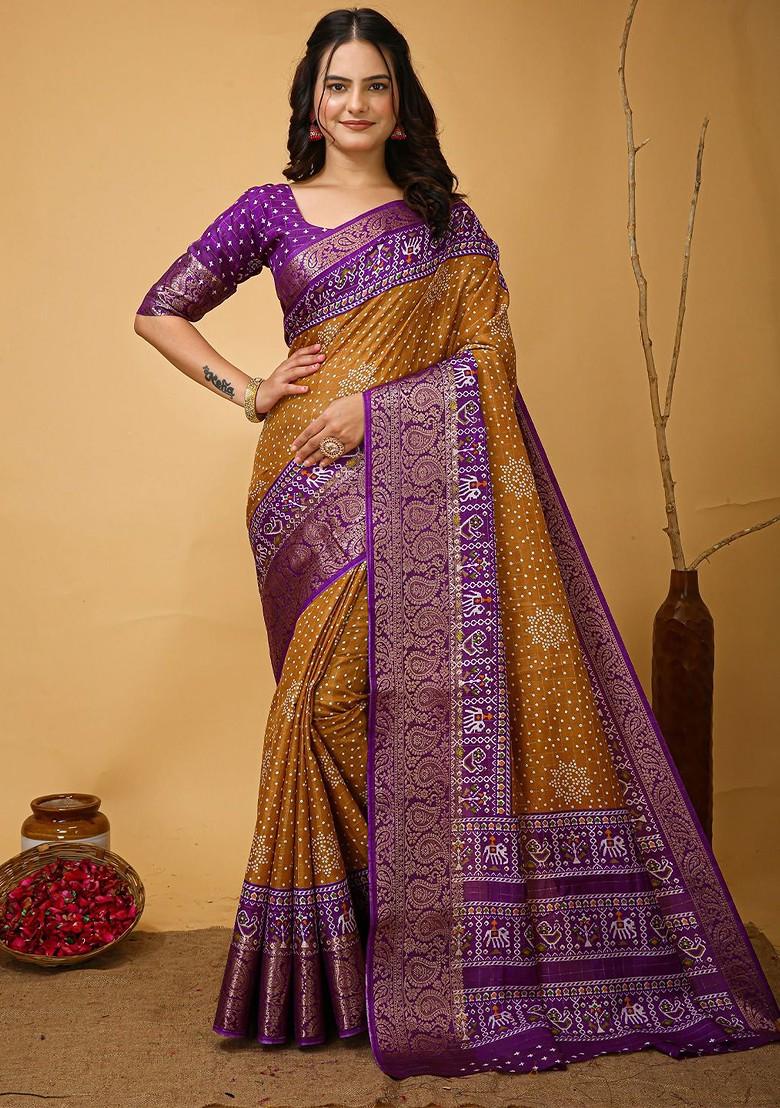 Brown Bandhani Print Kanjeevaram Silk Saree Set