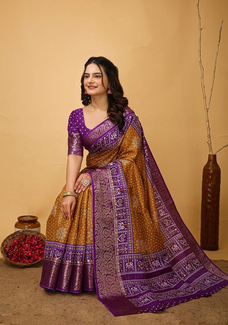 Brown Bandhani Print Kanjeevaram Silk Saree Set