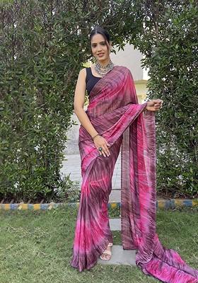 Pink Abstract Print Chiffon Saree Set