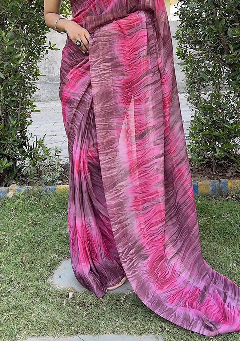 Pink Abstract Print Chiffon Saree Set