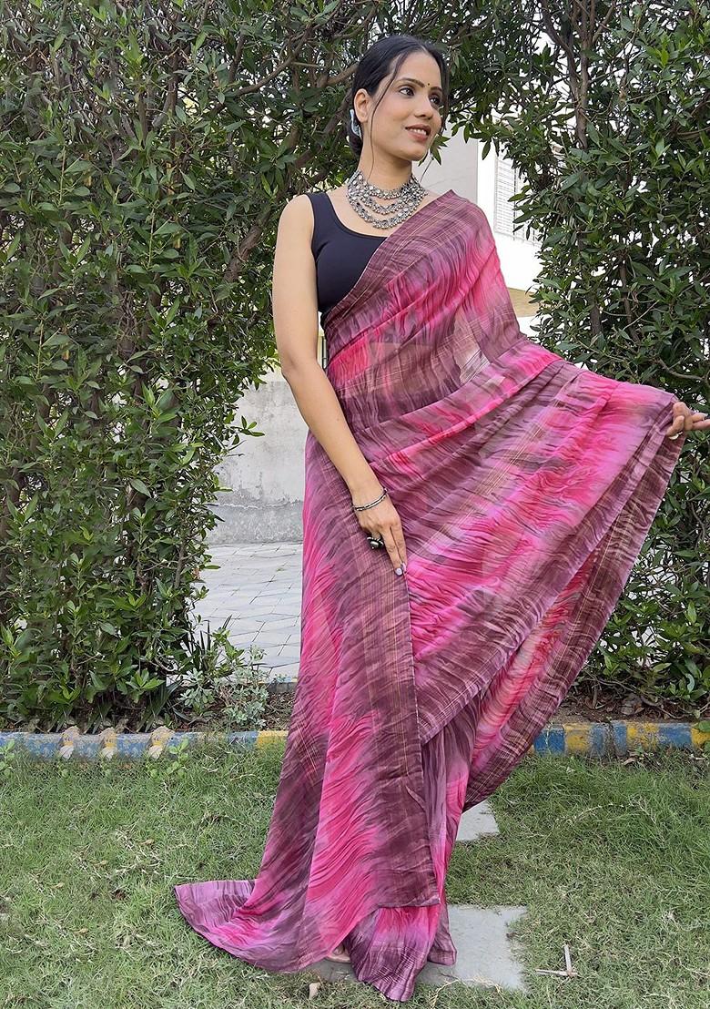 Pink Abstract Print Chiffon Saree Set