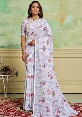 White Floral Printed Georgette Saree Set