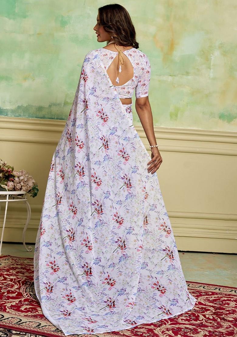 White Floral Printed Georgette Saree Set