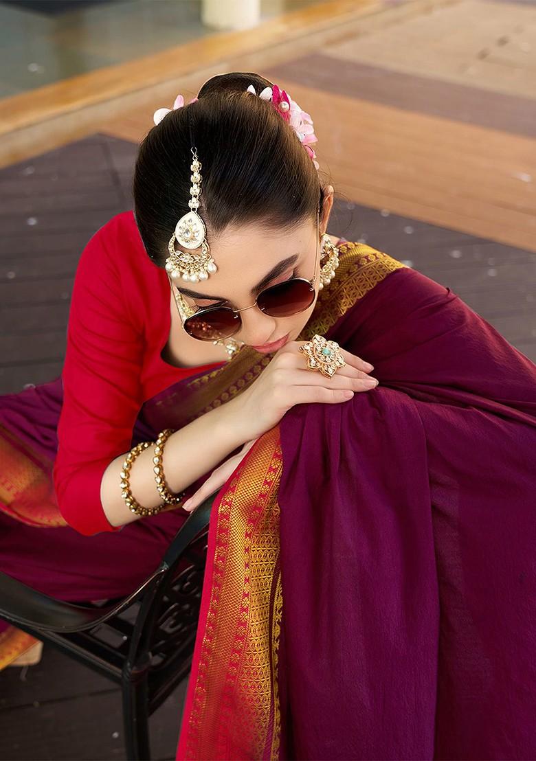 Purple Zari Crepe Saree Set