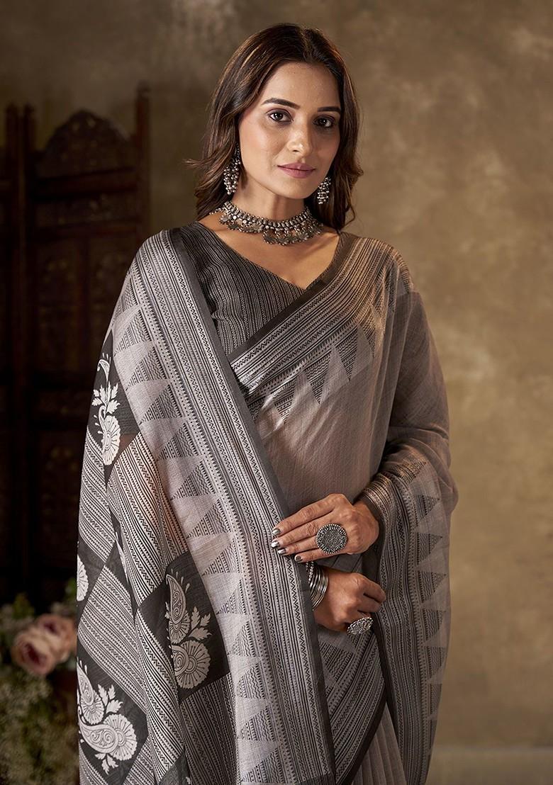 Brown Block Print Linen Saree Set