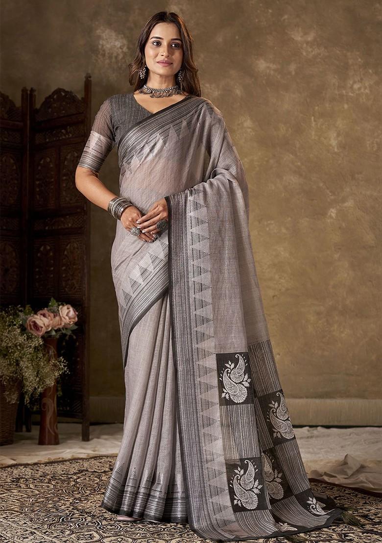 Brown Block Print Linen Saree Set