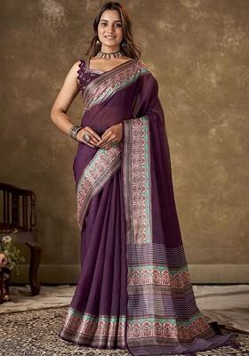 Purple Embroidered Bhagalpuri Silk Saree Set