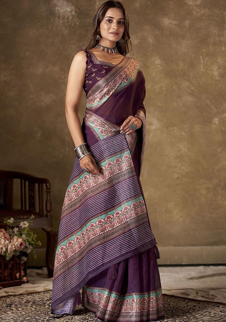 Purple Embroidered Bhagalpuri Silk Saree Set
