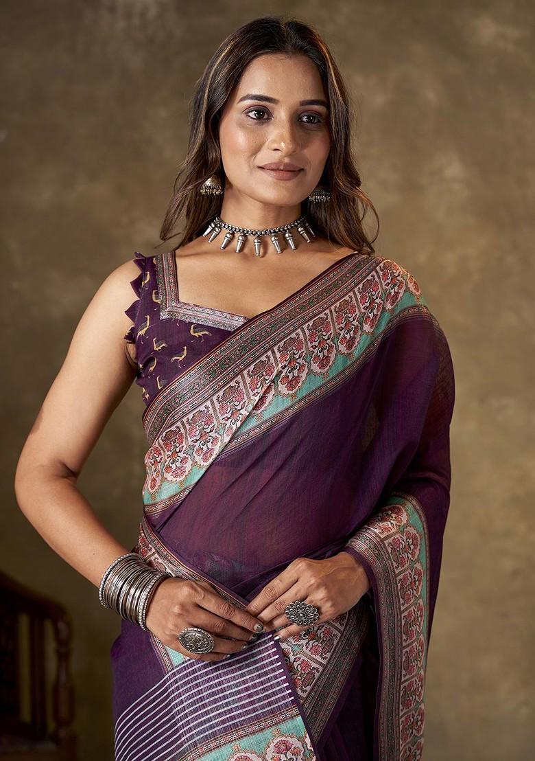 Purple Embroidered Bhagalpuri Silk Saree Set