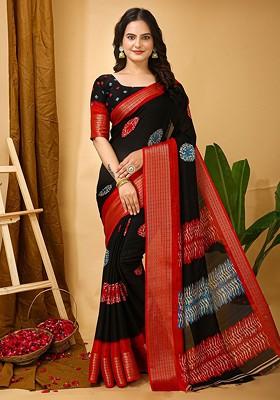 Black Abstract Print Poly Blend Saree Set