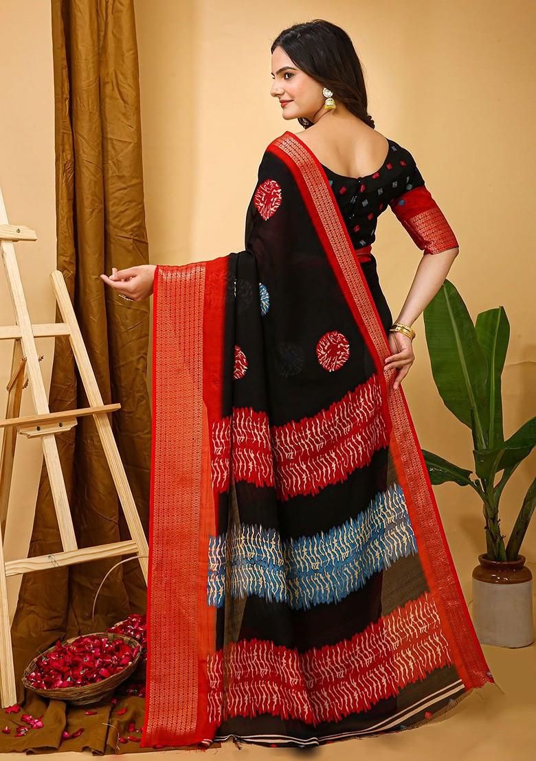 Black Abstract Print Poly Blend Saree Set