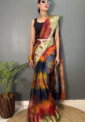 Maroon Tie And Dye Organza Saree Set