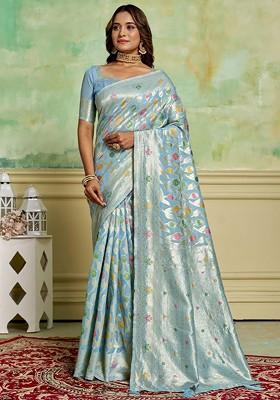 Turquoise Blue Zari Cotton Saree Set