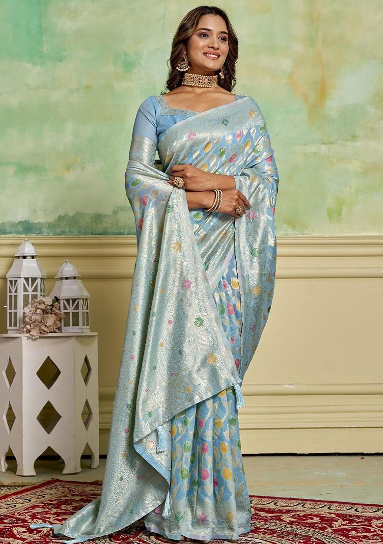Turquoise Blue Zari Cotton Saree Set