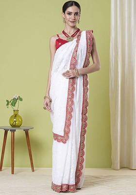 White Embroidered Georgette Saree Set