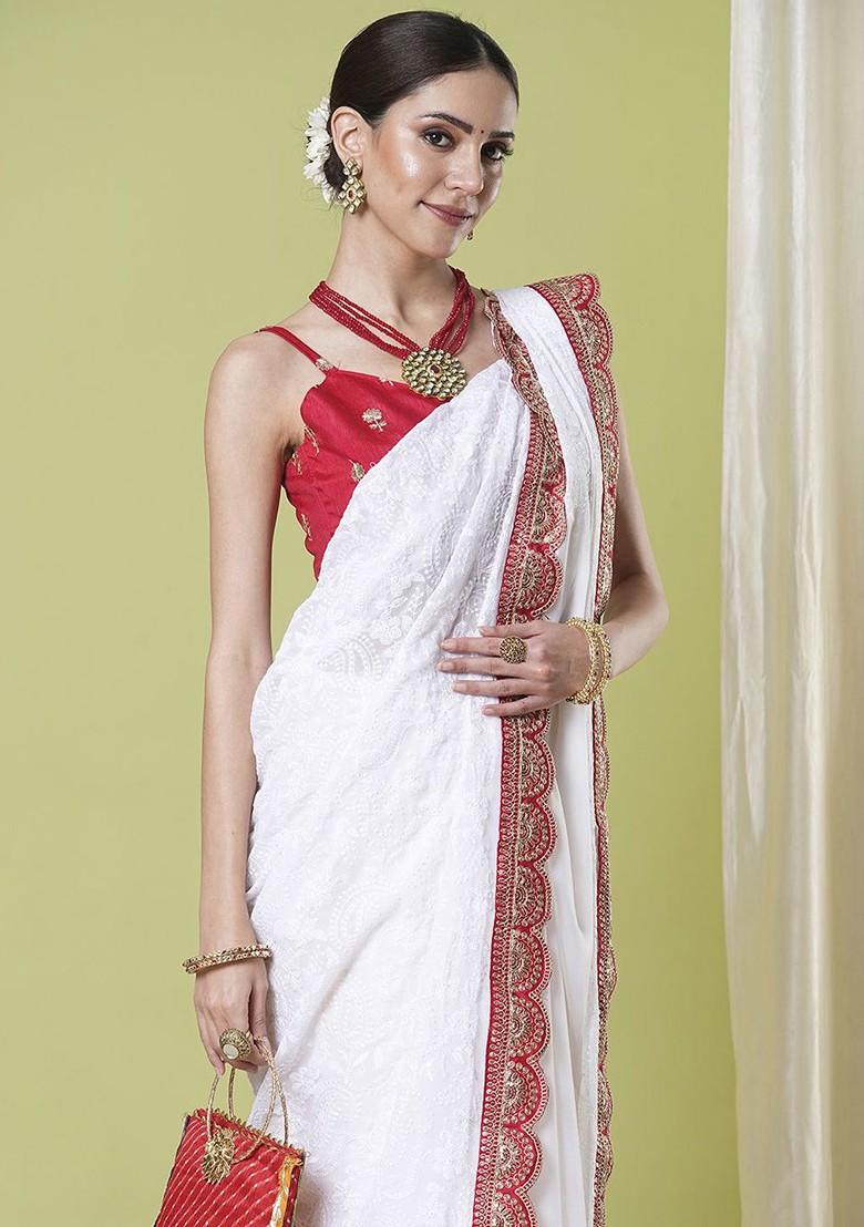 White Embroidered Georgette Saree Set