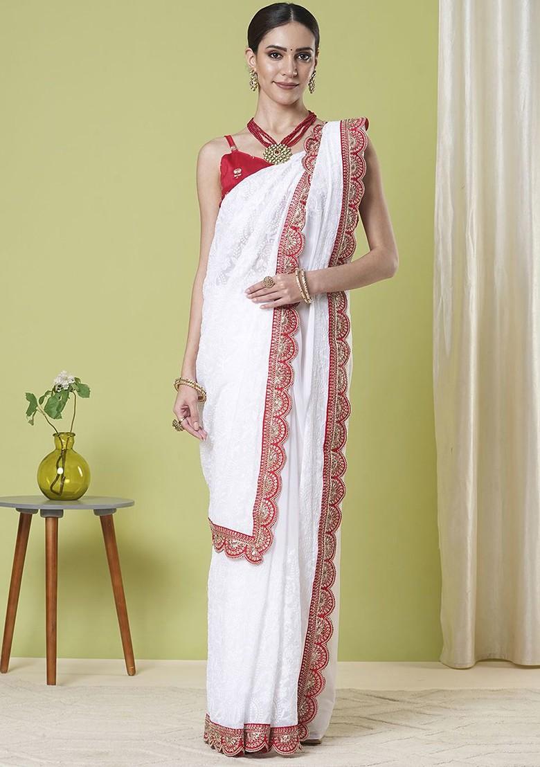 White Embroidered Georgette Saree Set
