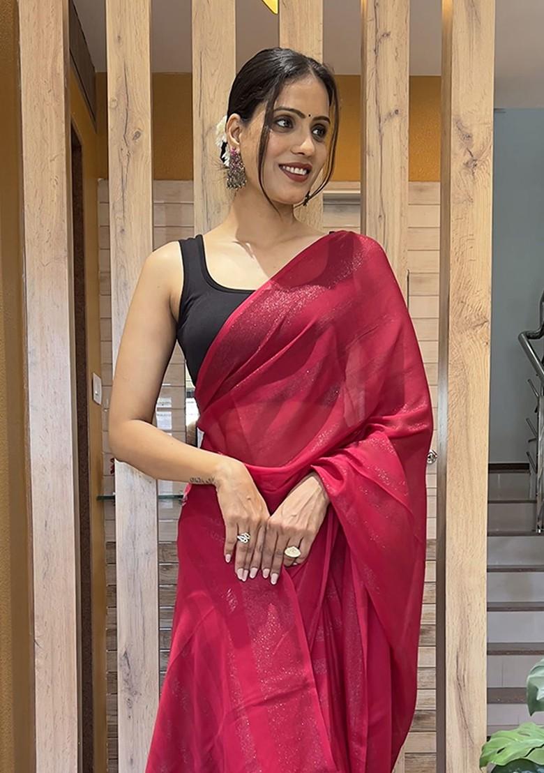 Red Striped Chiffon Saree Set