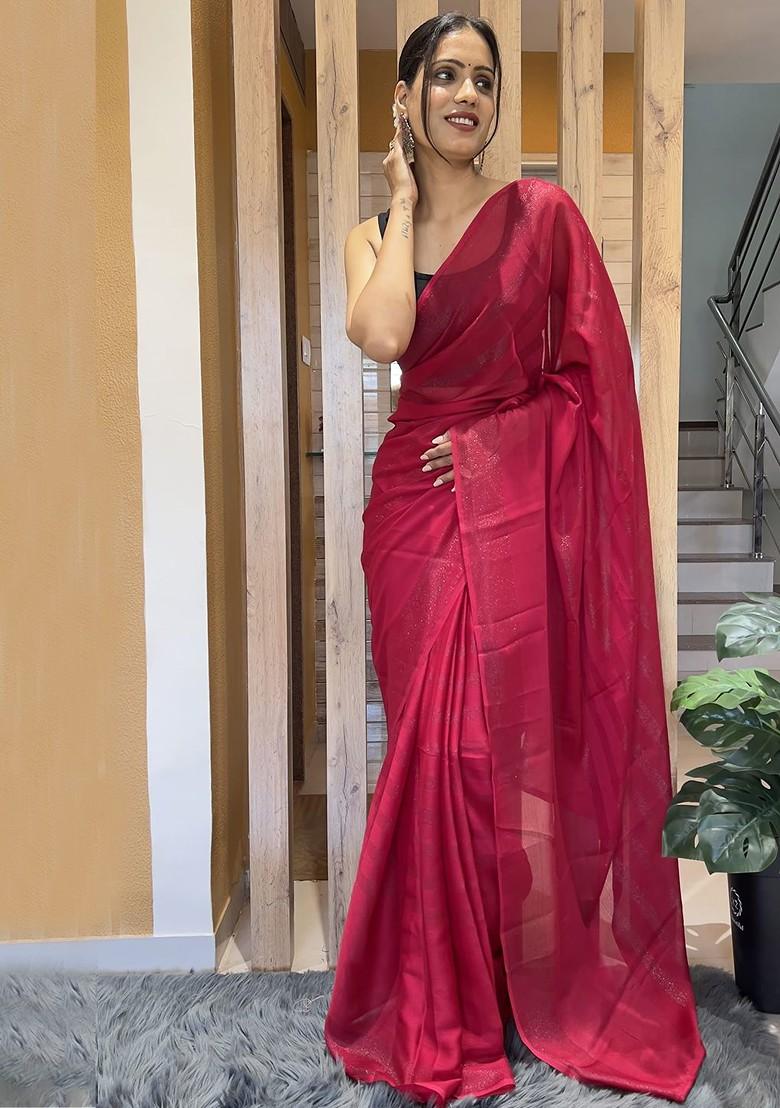 Red Striped Chiffon Saree Set