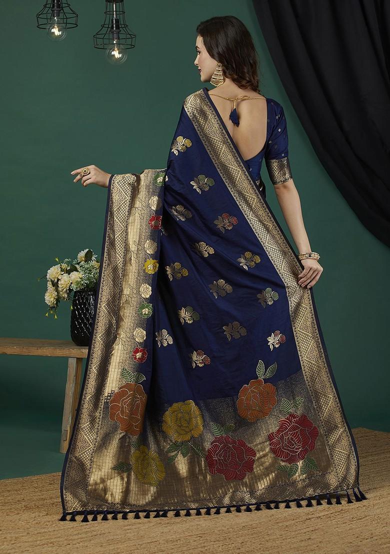 Navy Blue Embroidered Silk Saree Set