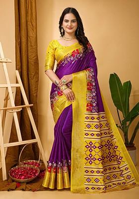 Purple Kalamkari Kanjeevaram Silk Saree Set