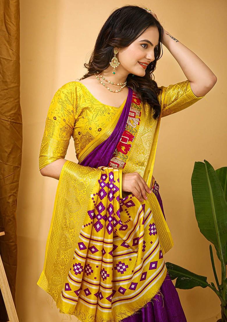 Purple Kalamkari Kanjeevaram Silk Saree Set