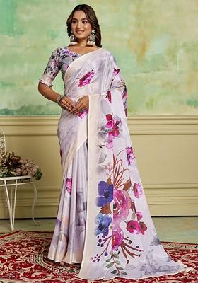 White Floral Printed Crepe Saree Set