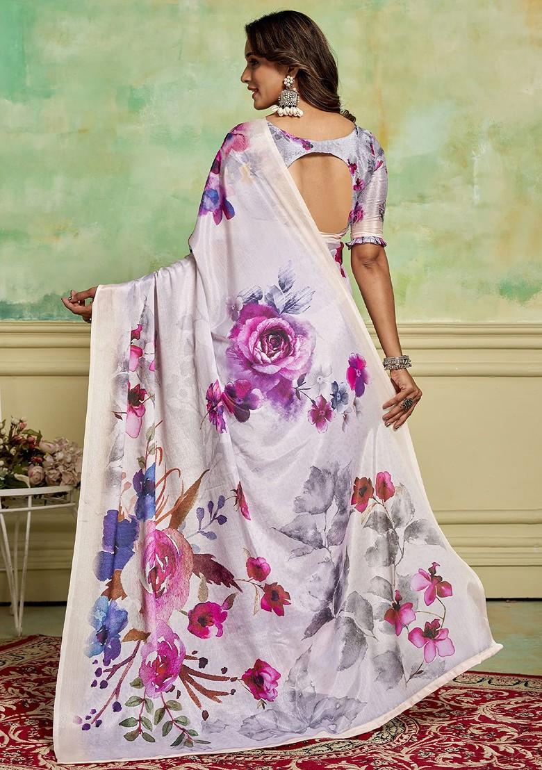 White Floral Printed Crepe Saree Set