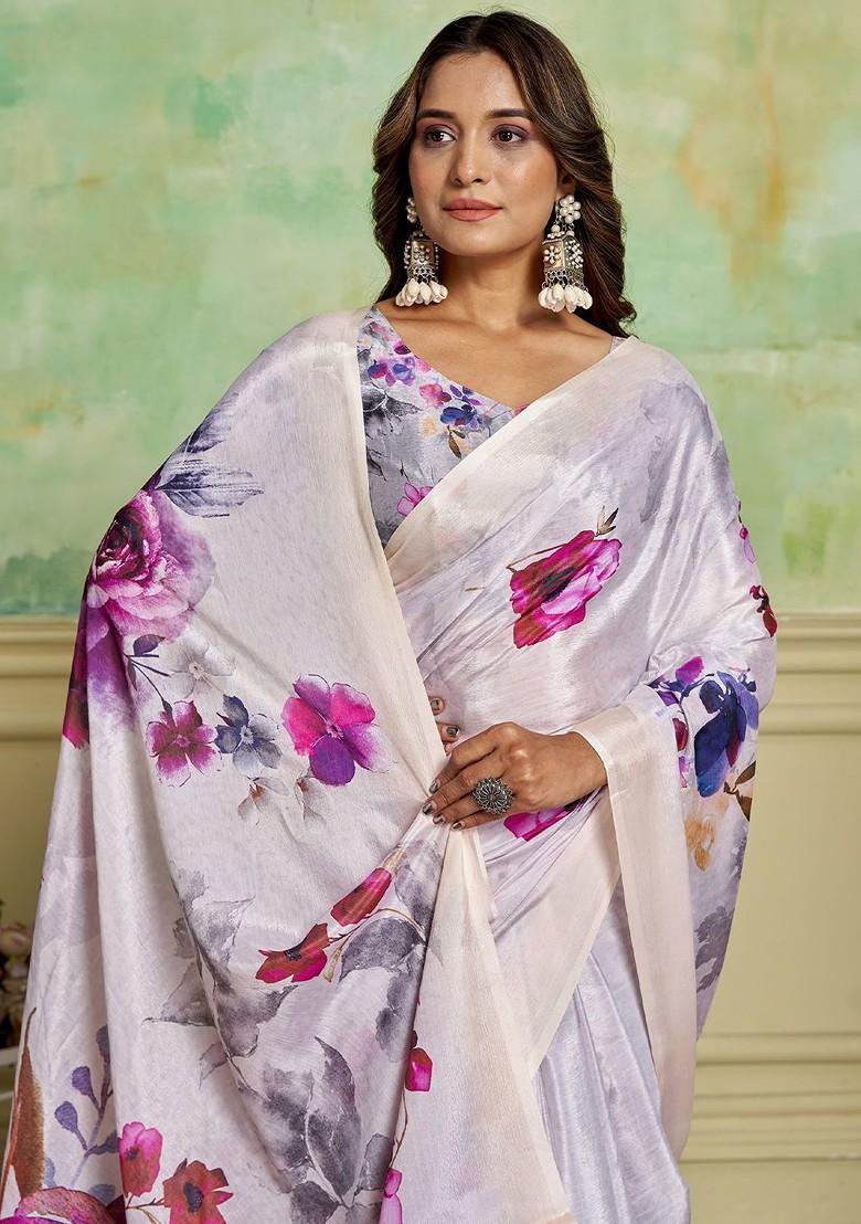 White Floral Printed Crepe Saree Set