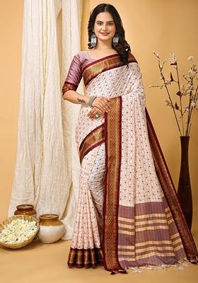 White Zari Cotton Saree Set