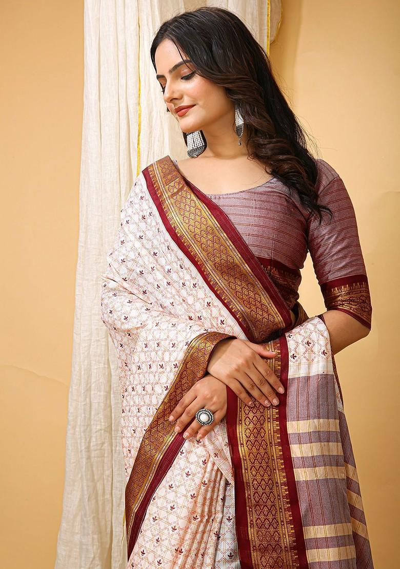 White Zari Cotton Saree Set