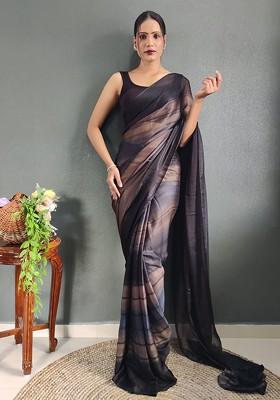 Brown Striped Crepe Saree Set