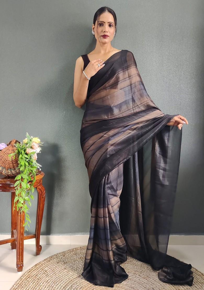 Brown Striped Crepe Saree Set