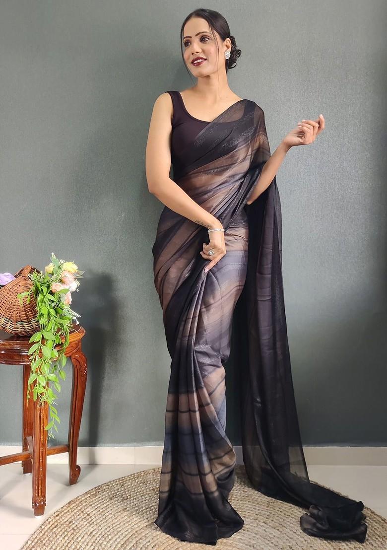 Brown Striped Crepe Saree Set
