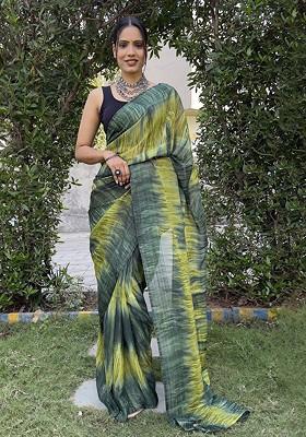 Green Printed Chiffon Saree Set