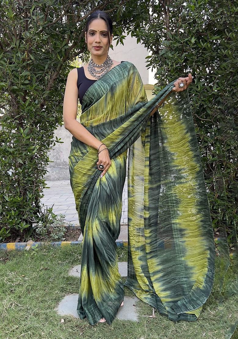 Green Printed Chiffon Saree Set