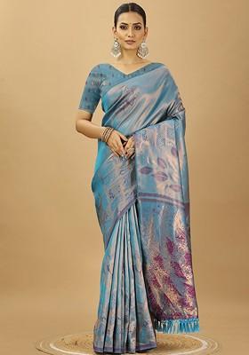 Blue Floral Printed Kanjeevaram Silk Saree Set