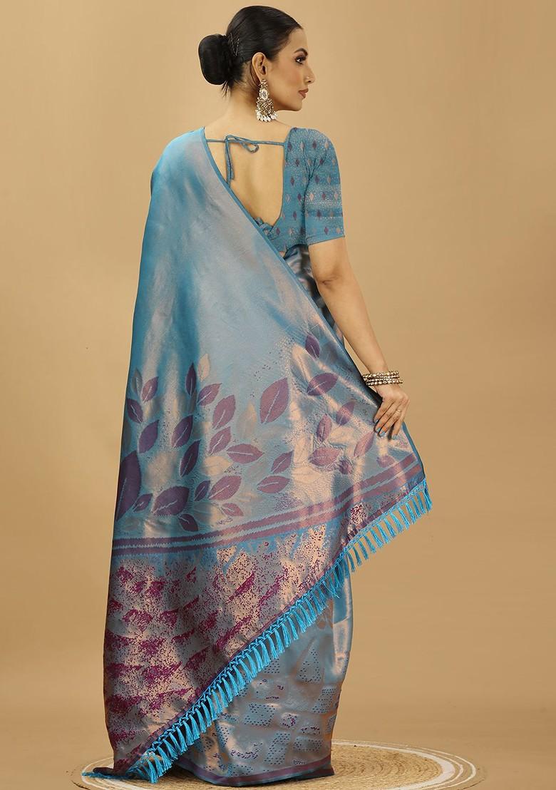 Blue Floral Printed Kanjeevaram Silk Saree Set