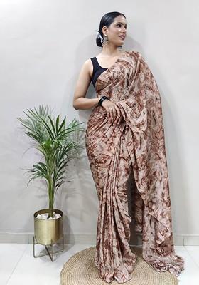 Brown Floral Printed Georgette Saree Set