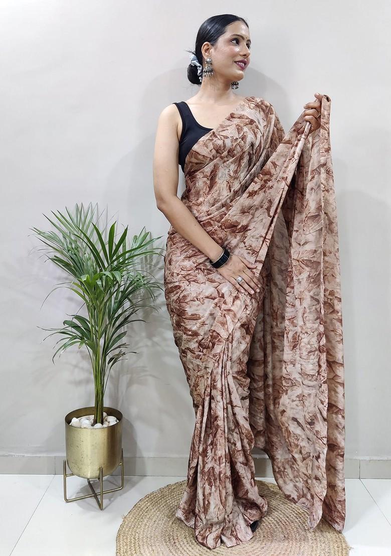 Brown Floral Printed Georgette Saree Set