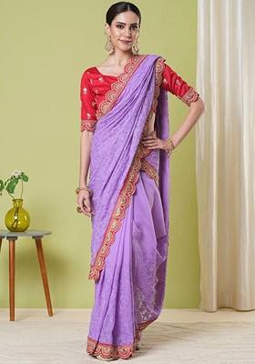 Purple Embroidered Georgette Saree Set