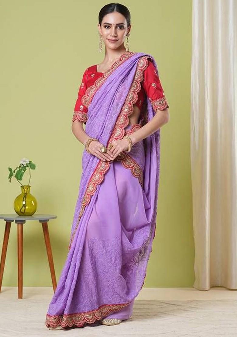 Purple Embroidered Georgette Saree Set